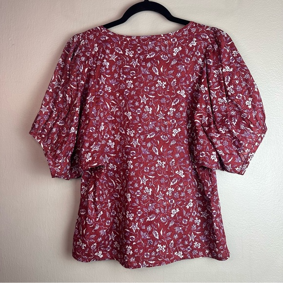 Madewell V-Neck Puff Sleeve Top in Batik Vine Weathered Brick Sz Sm - Picture 5 of 9